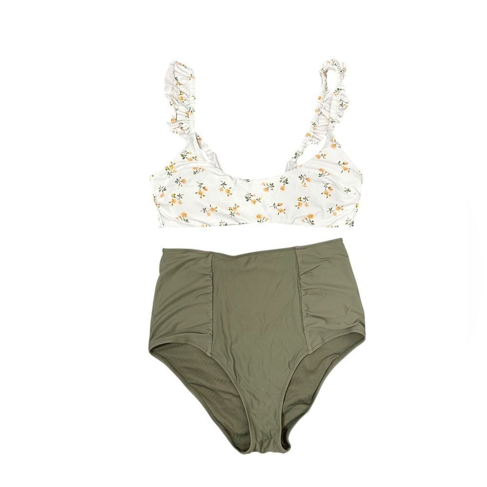 aerie White Floral Ruffle-Strap Bikini Top & Olive High-Waist Bottoms